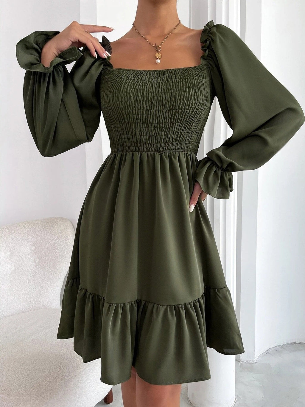 Smocked Flounce Sleeve Mini Dress