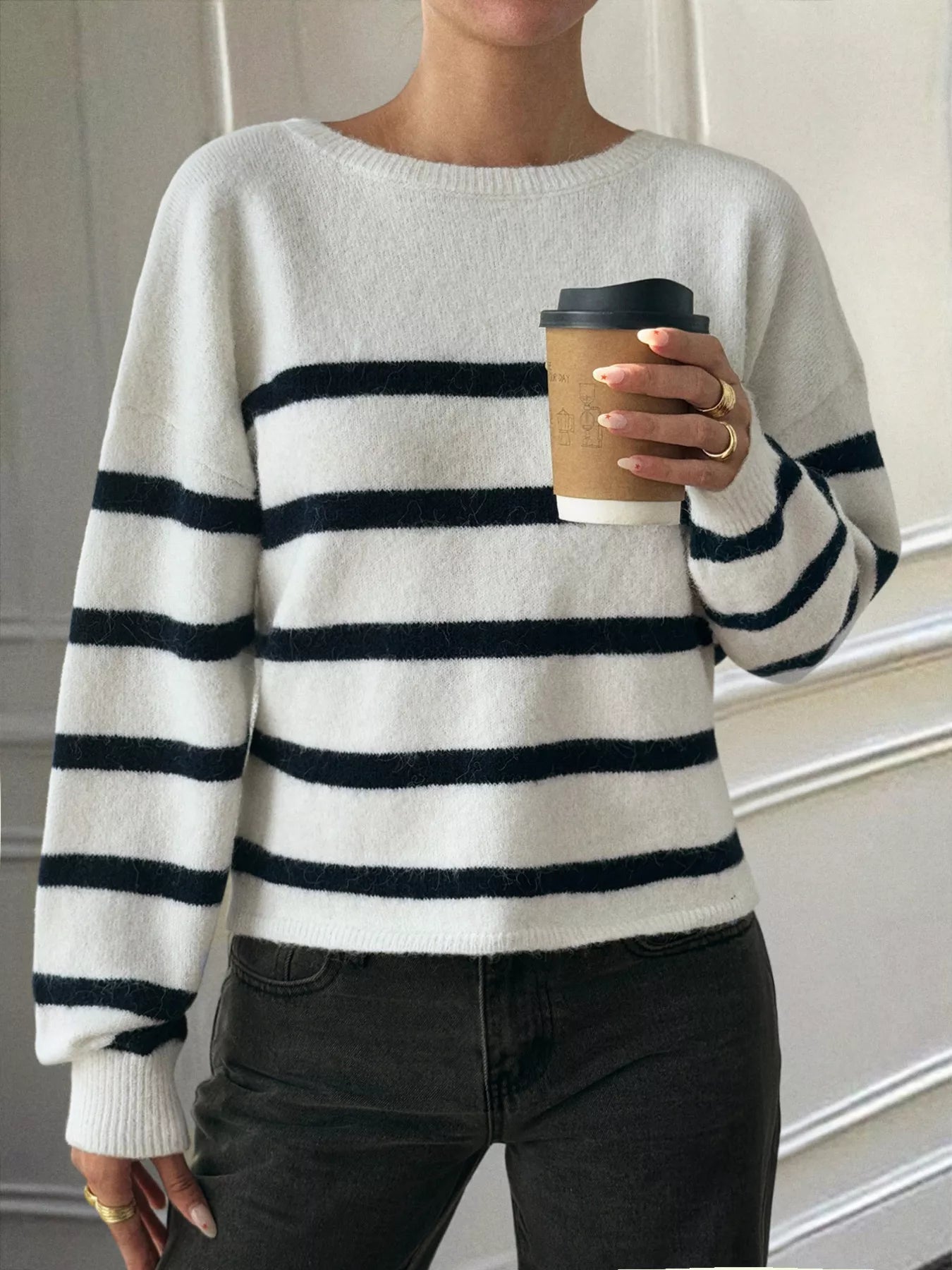 Striped Round Neck Long Sleeve Knit Top