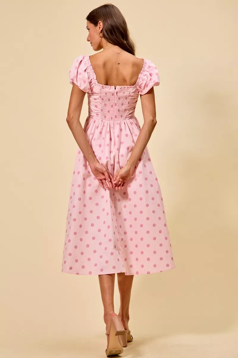 SO ME Polka Cotton Print Short Sleeves Midi Dress
