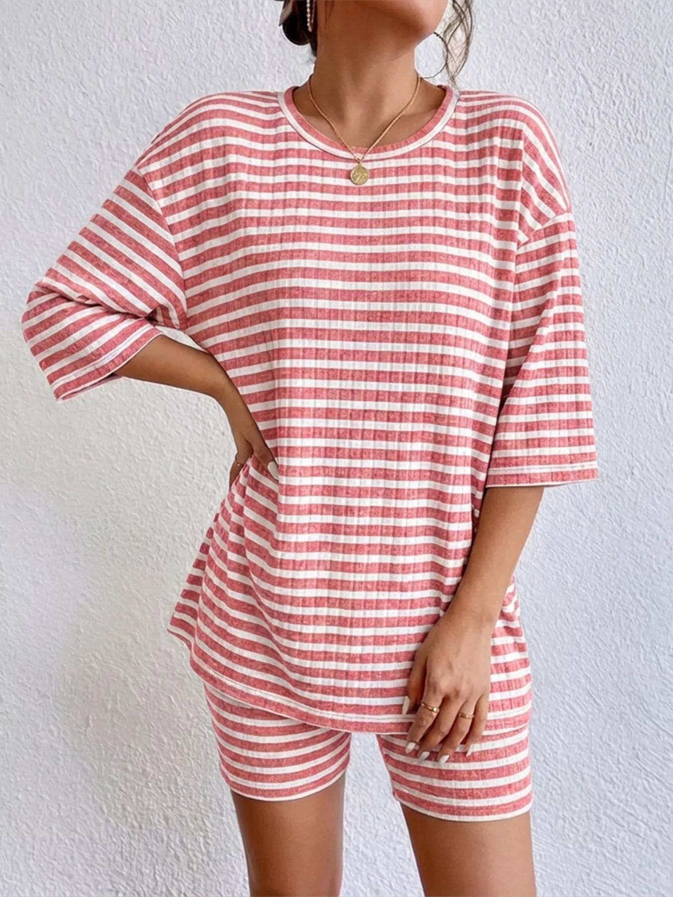 Striped Round Neck Top and Shorts Set