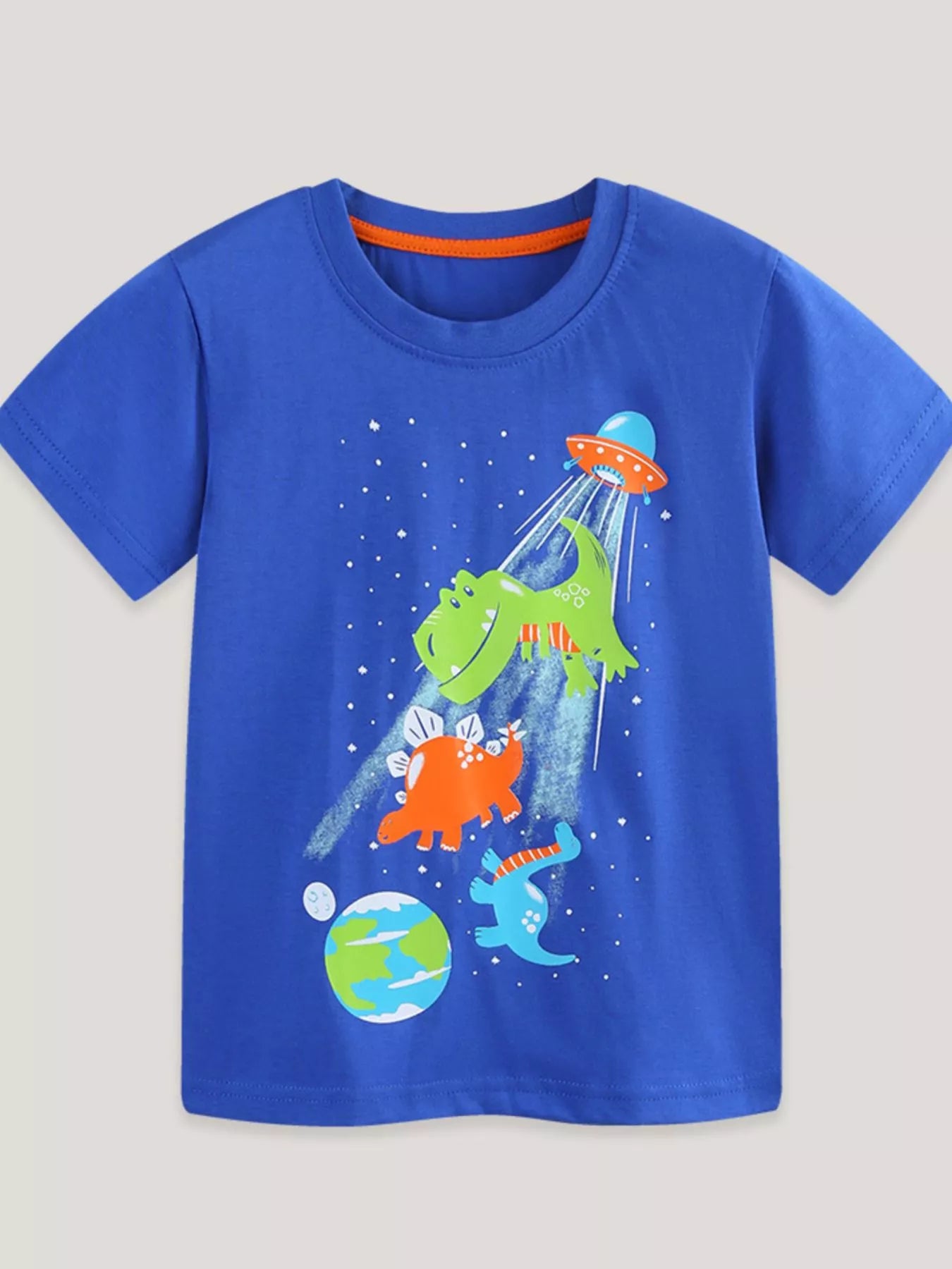 Children's Dinosaur & UFO Graphic Crew Neck Short Sleeve T-Shirt