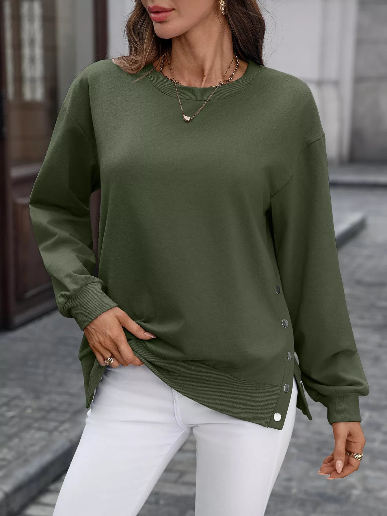 Side Snap Round Neck Sweatshirt