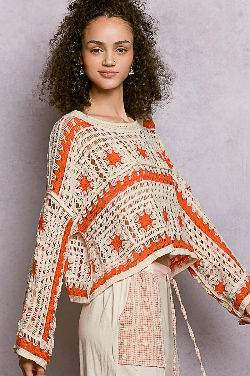 POL Boat Neck Long Sleeve Crochet Top with Granny Square Weaving