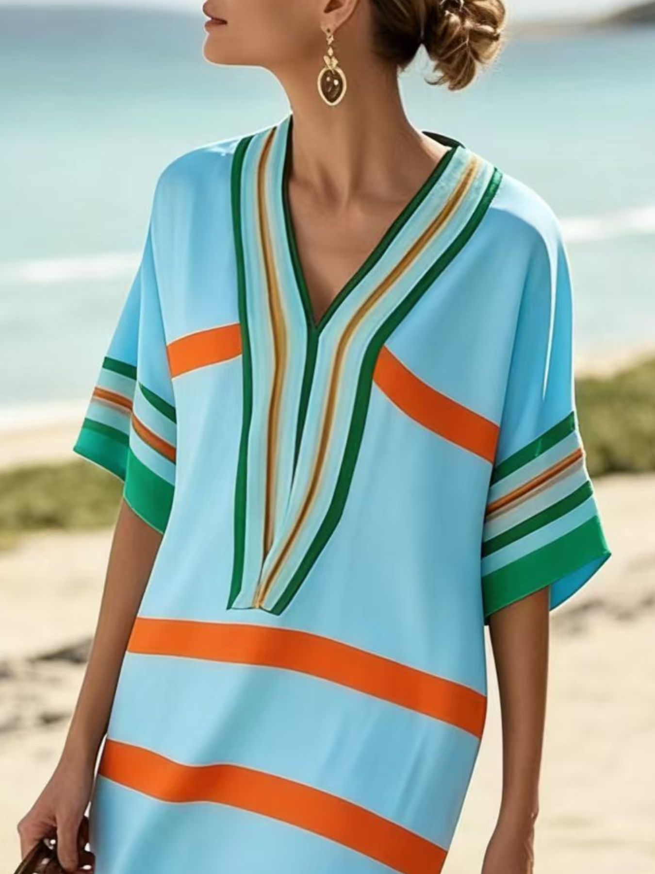 Full Size Striped Half Sleeve Midi Dress Plus Size