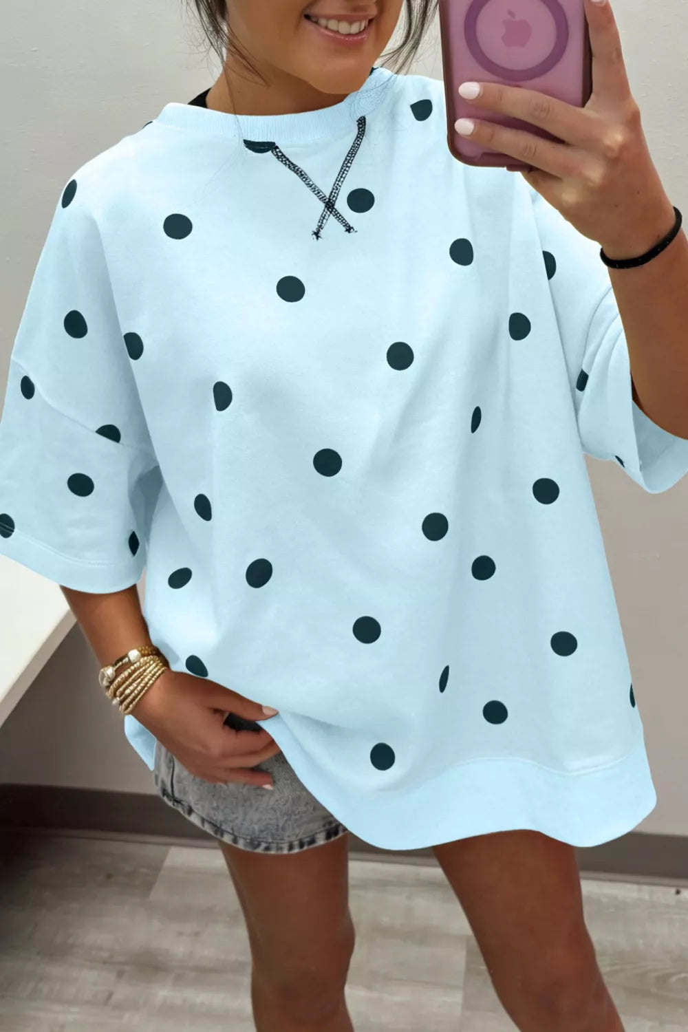Polka Dot Print Crossed Seam Detail Oversize Tee