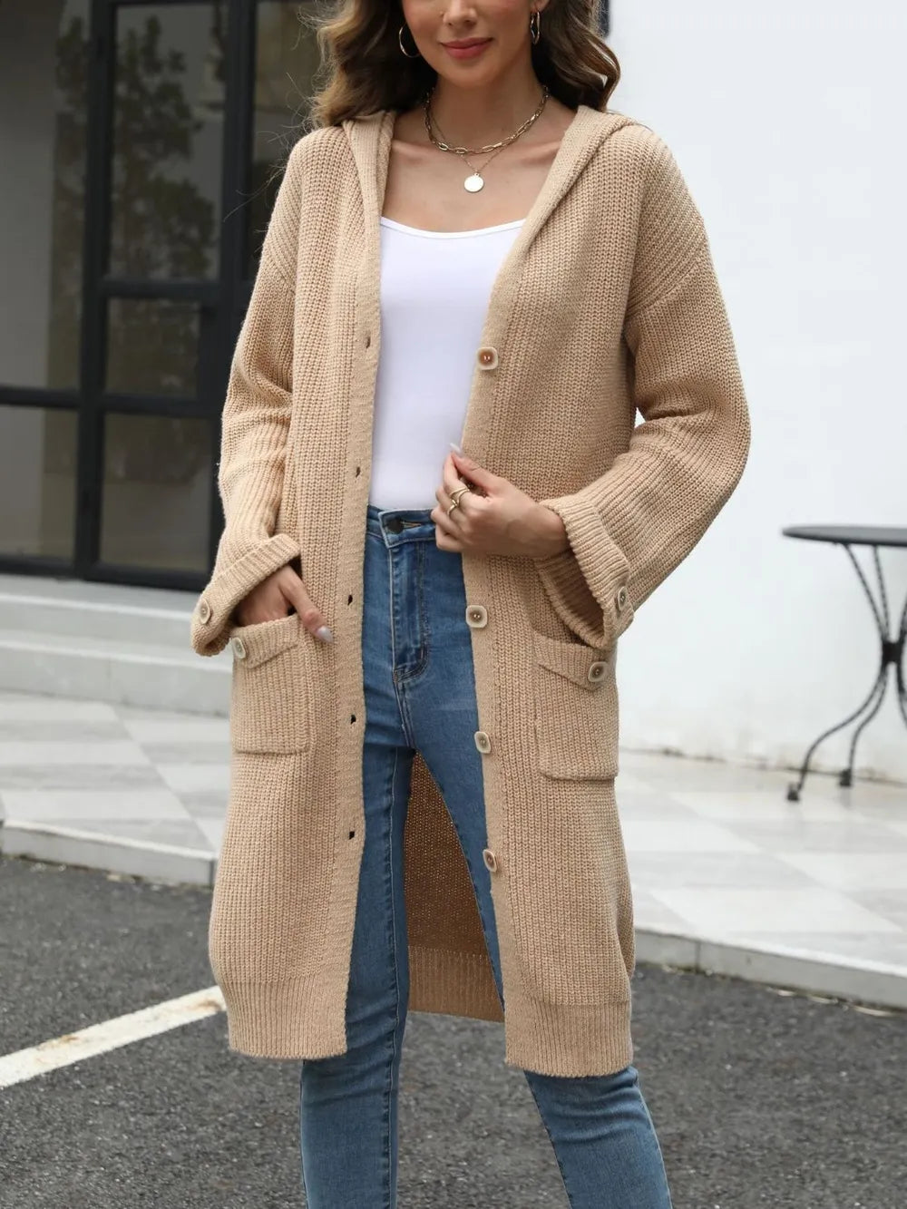Pocketed Button Up Long Sleeve Hooded Cardigan
