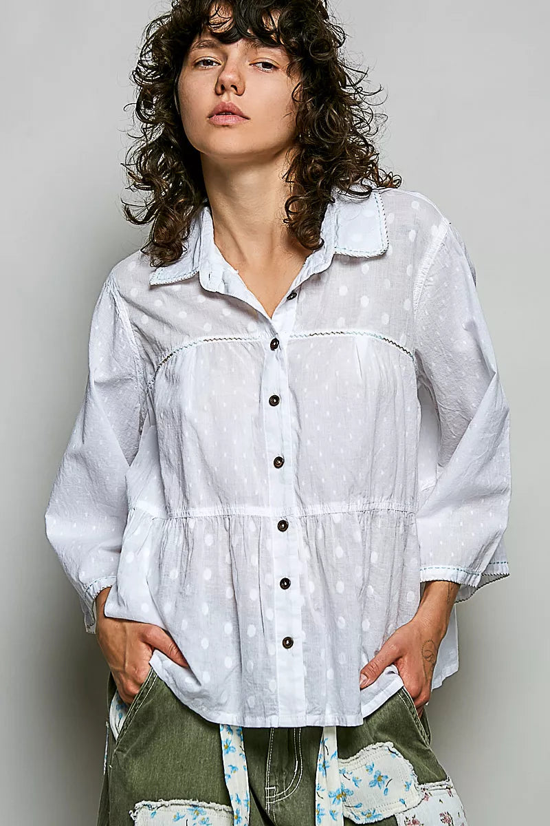 POL Tonal Dot Weave Textured Button Front Shirt