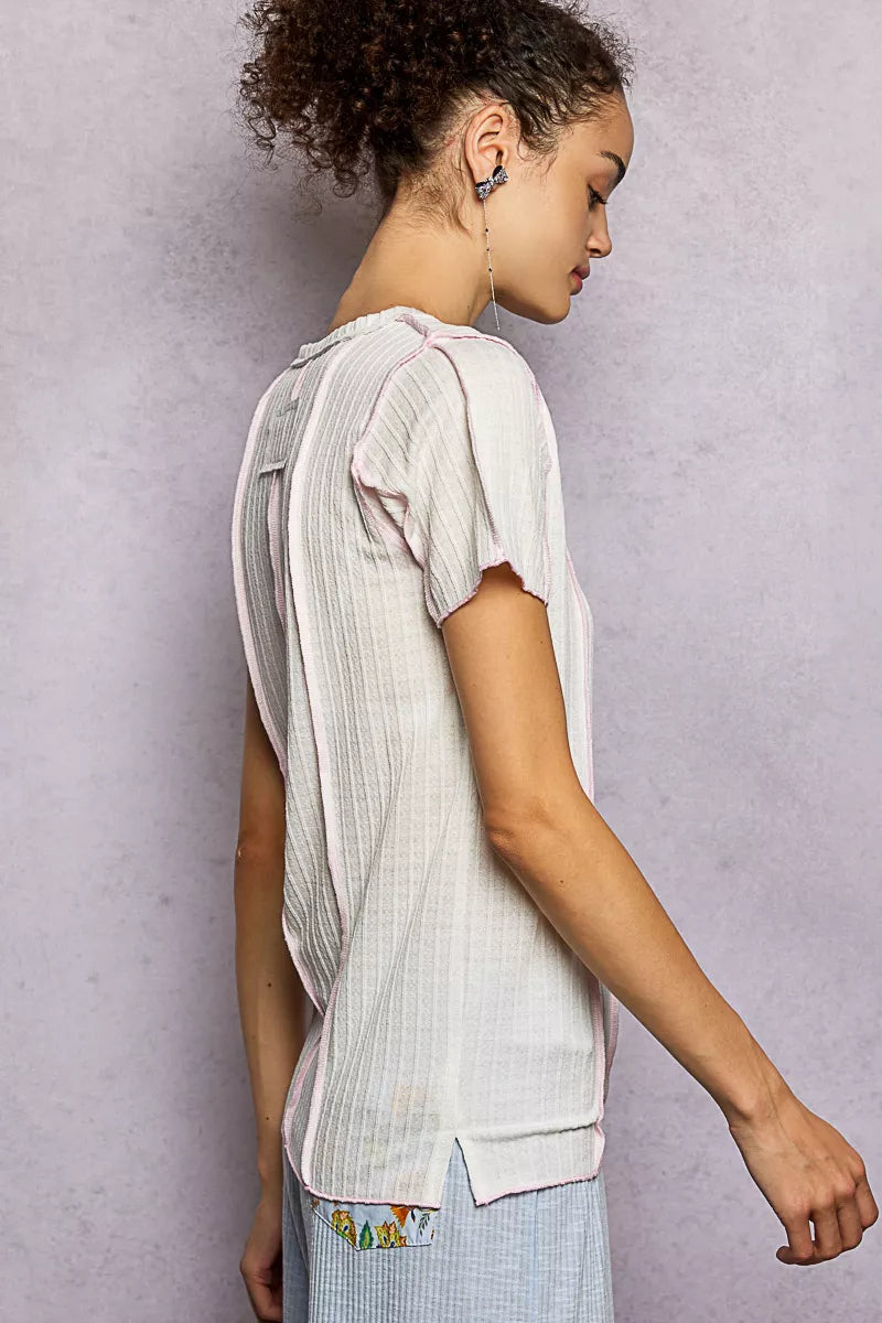 POL V-Neck Short Sleeve Top with Stitch Seam Detail