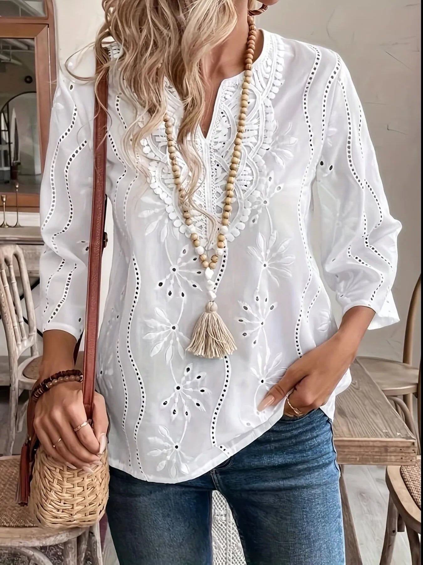 Eyelet Embroidered Notched Blouse