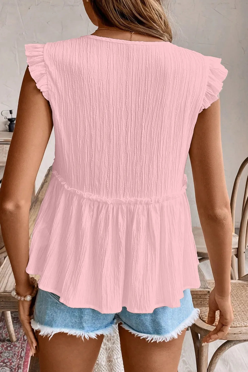 Ruffled Trim V Neck Flutter Flowy Top
