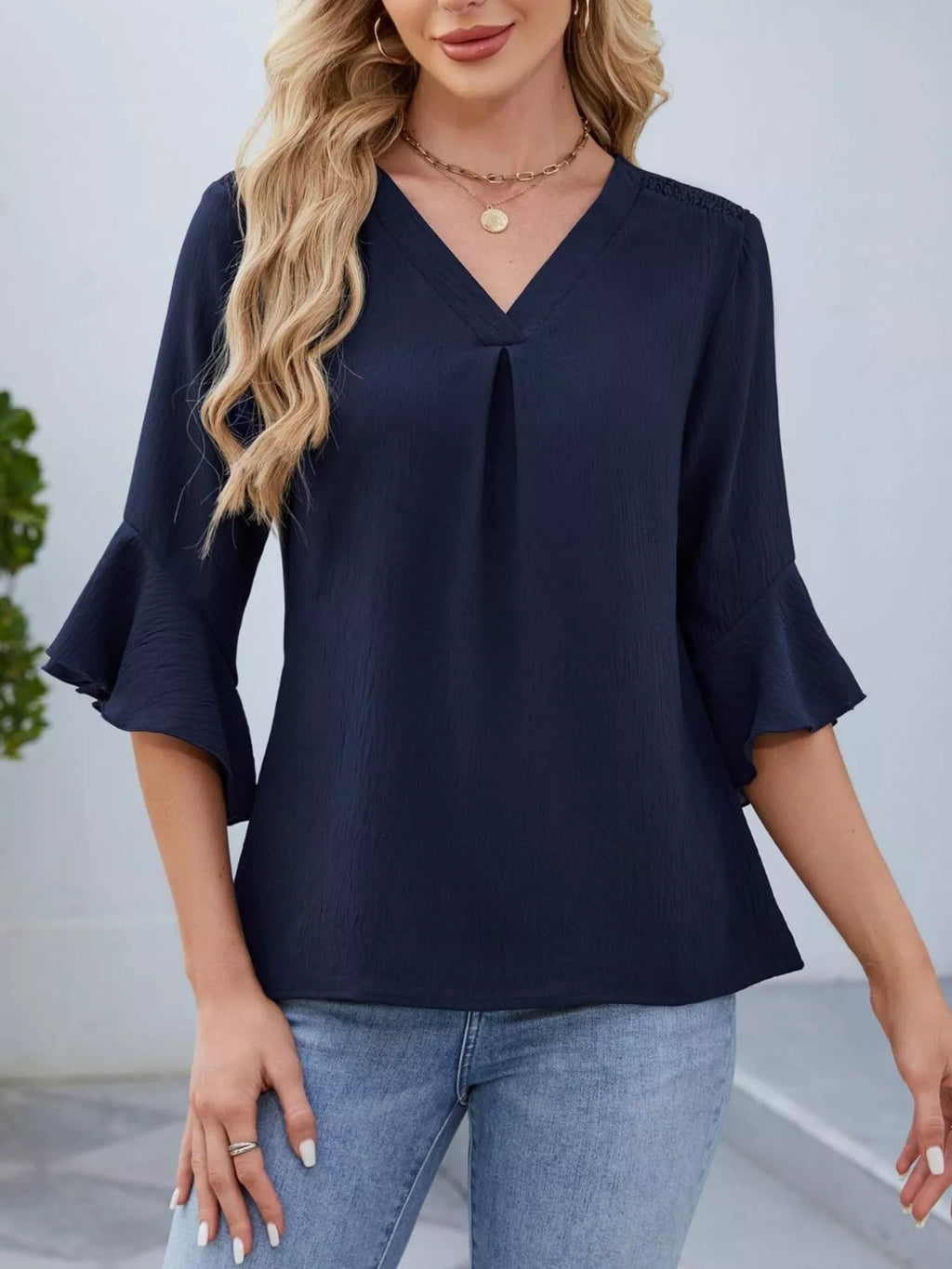 V-Neck Ruffle Sleeve Blouse