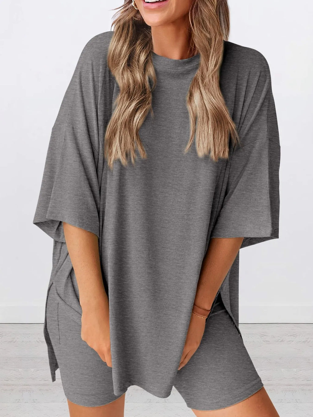 Full Size Oversized Round Neck Top and Shorts Set Plus Size