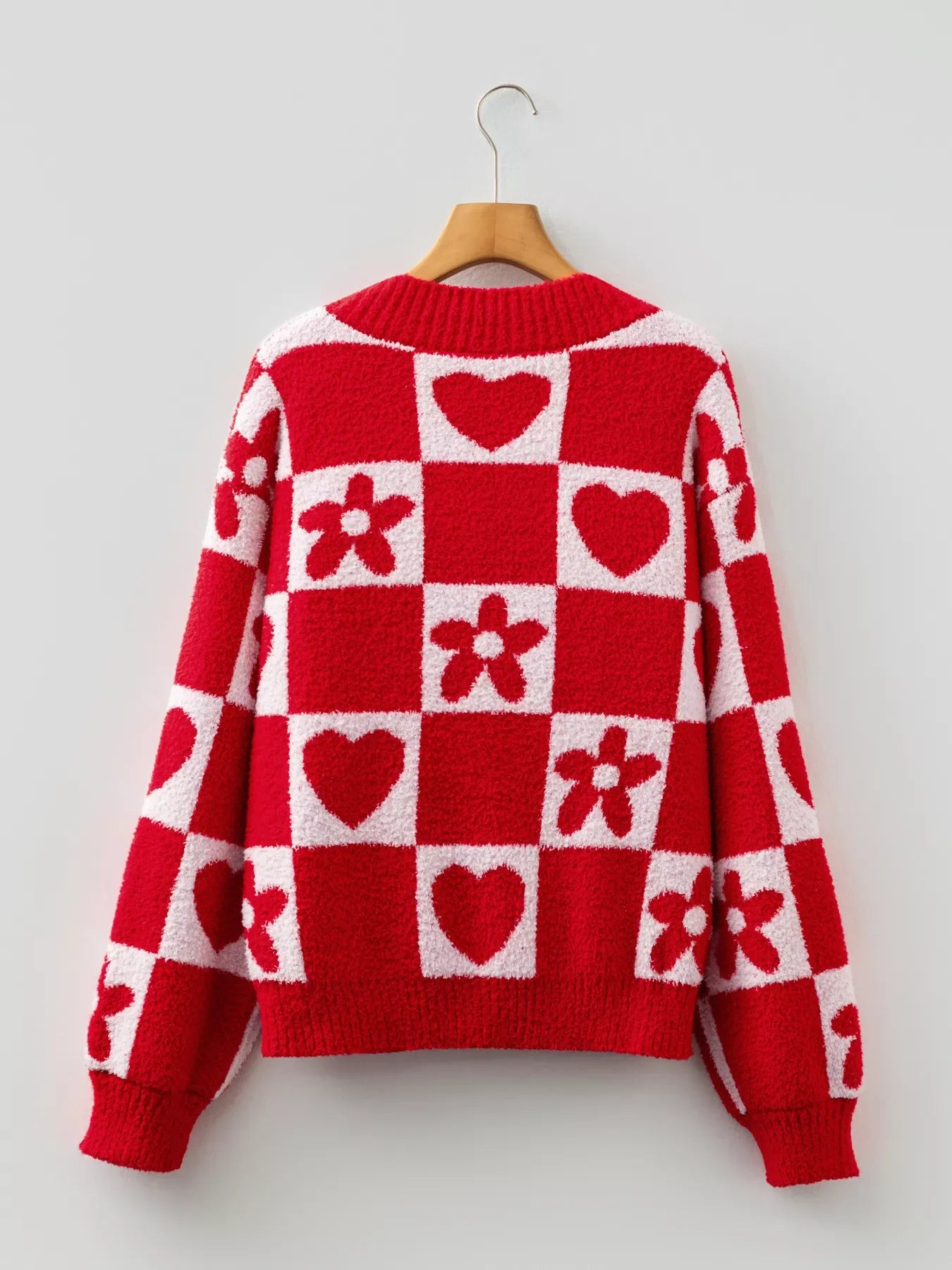Floral Heart Checkered V-Neck Sweater