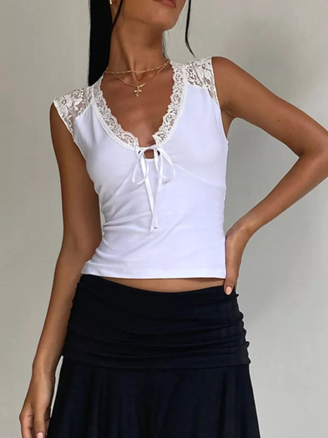 Lace Trim V-Neck Sleeveless Tank Top with Front Tie