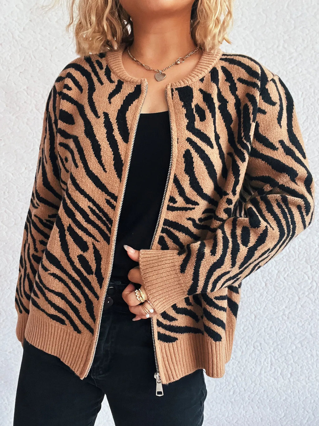 Zebra Print Zip Up Cardigan