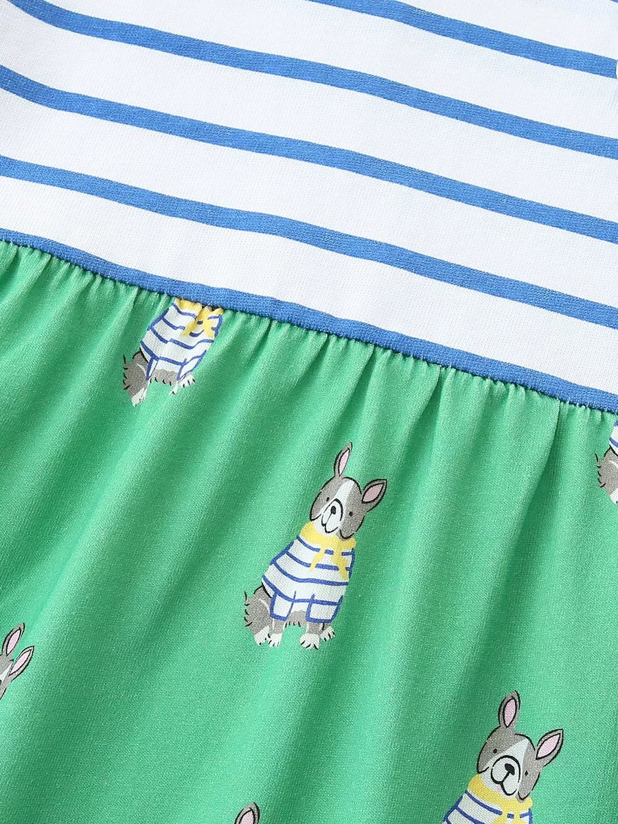 Children's Striped Dog Print Short Sleeve Dress