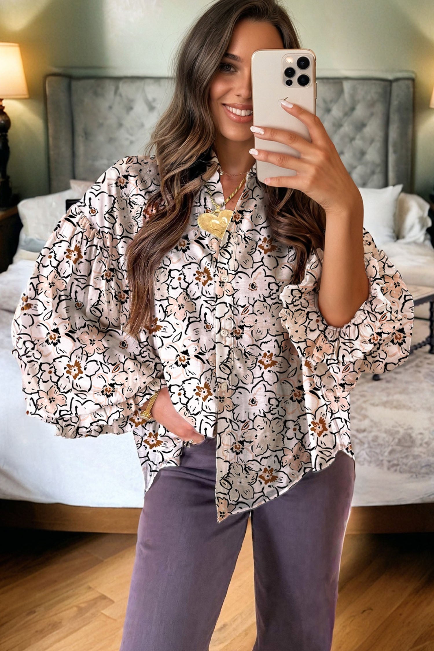 Floral Frilled Puff Sleeve Button Down Shirt