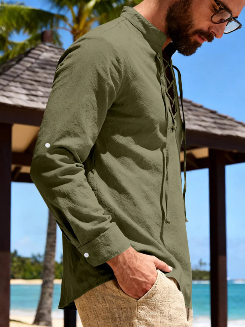 Men's Full Size Casual Lace-Up Linen Shirt Plus Size