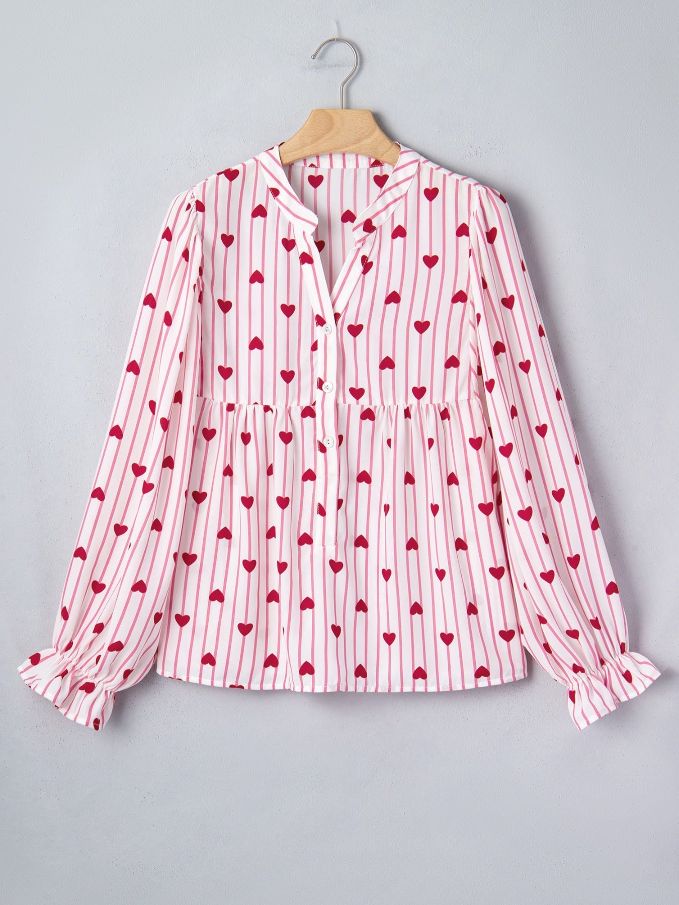 Stripe Textured Heart Print Long Flounce Sleeve Shirt