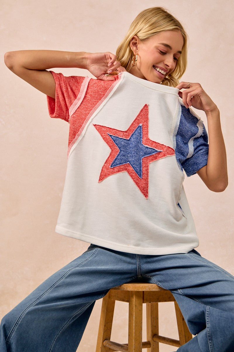 BiBi Contrast French Terry Cut Edge Detail Fourth Of July Theme T-Shirt