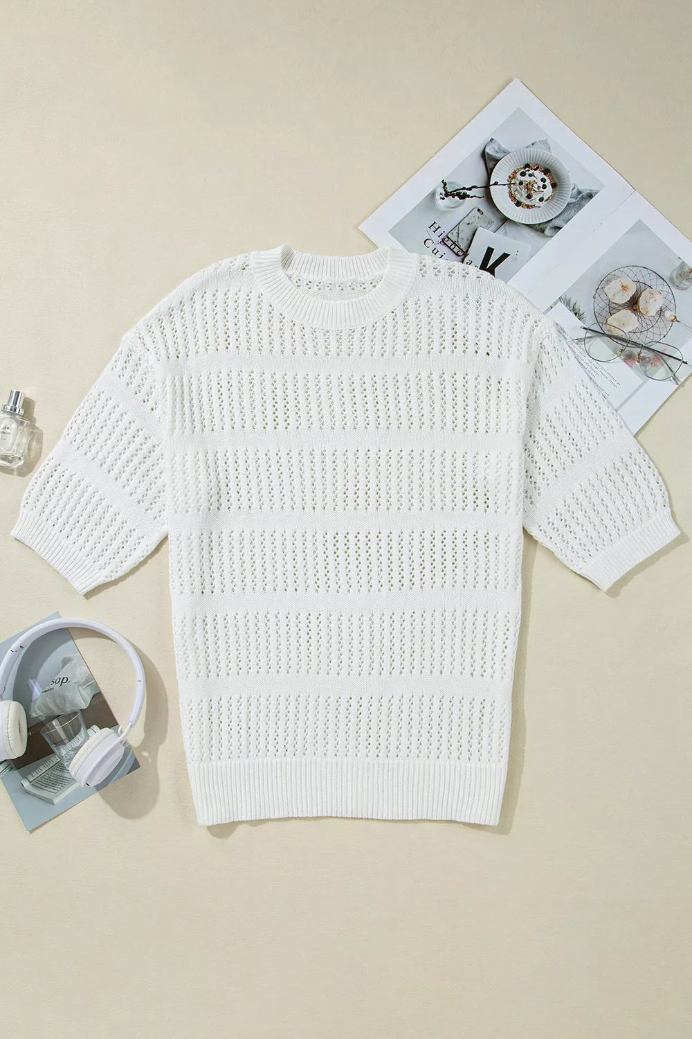 3/4 Sleeve Open Knit Mesh Detail Pullover Sweater