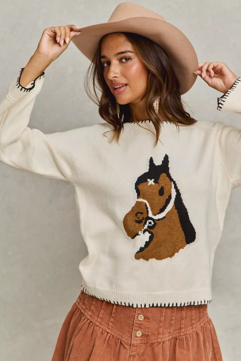 SO ME Horse Knit Sweater Top with Blanket Stitch