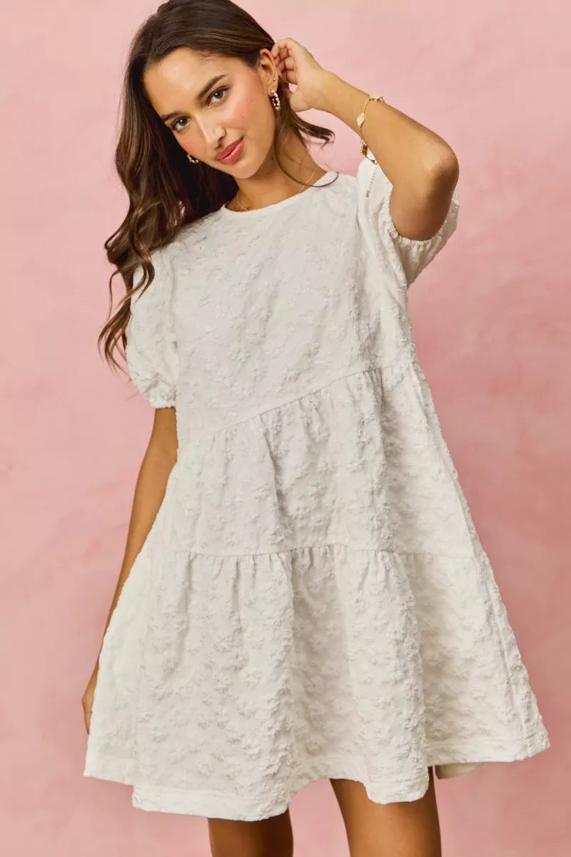 SO ME Floral Jacquard Diagnol Tiered Short Mini Dress