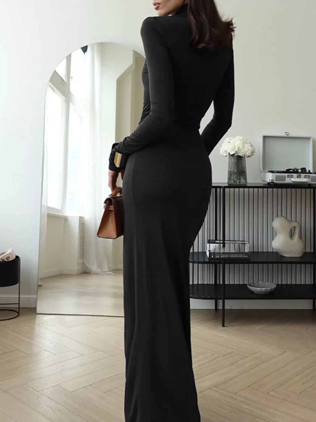 Turtleneck Long Sleeve Slit Maxi Dress