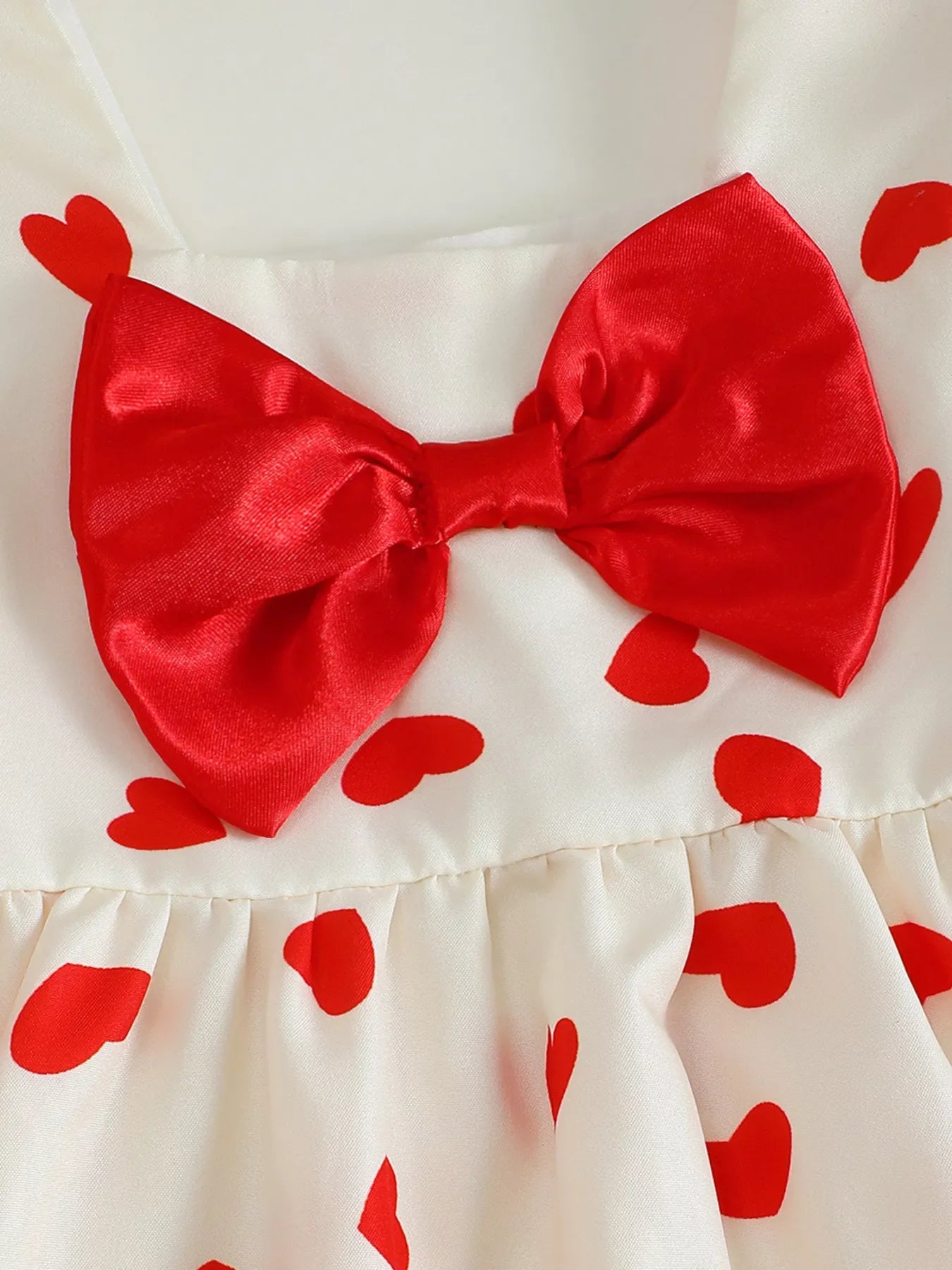 Children's Heart Print Puff Sleeve Dress with Bow