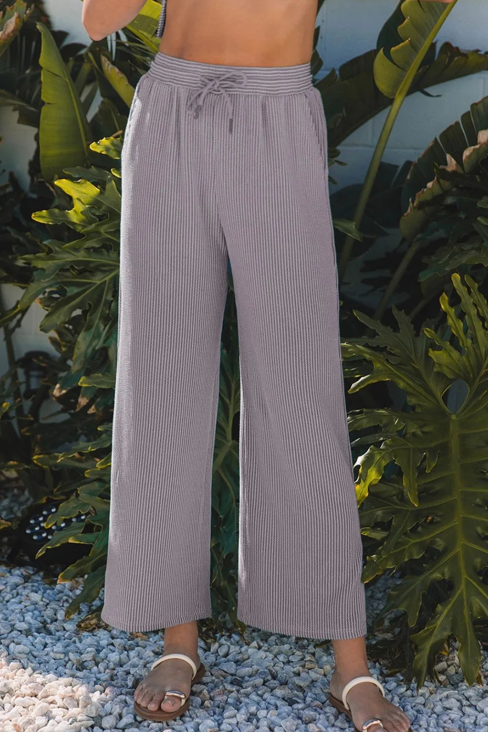 Corded Knit Short Sleeve T-Shirt and Wide Leg Pants Set