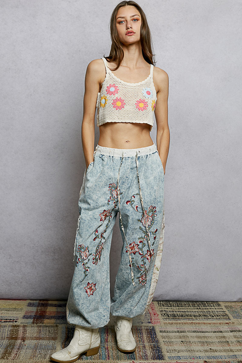 POL U-Neck Cropped Crochet Cami with Floral Embroidery Detail