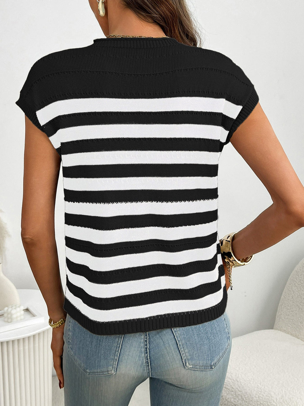 Striped Knit Pocket Detail Cap Sleeve Sweater