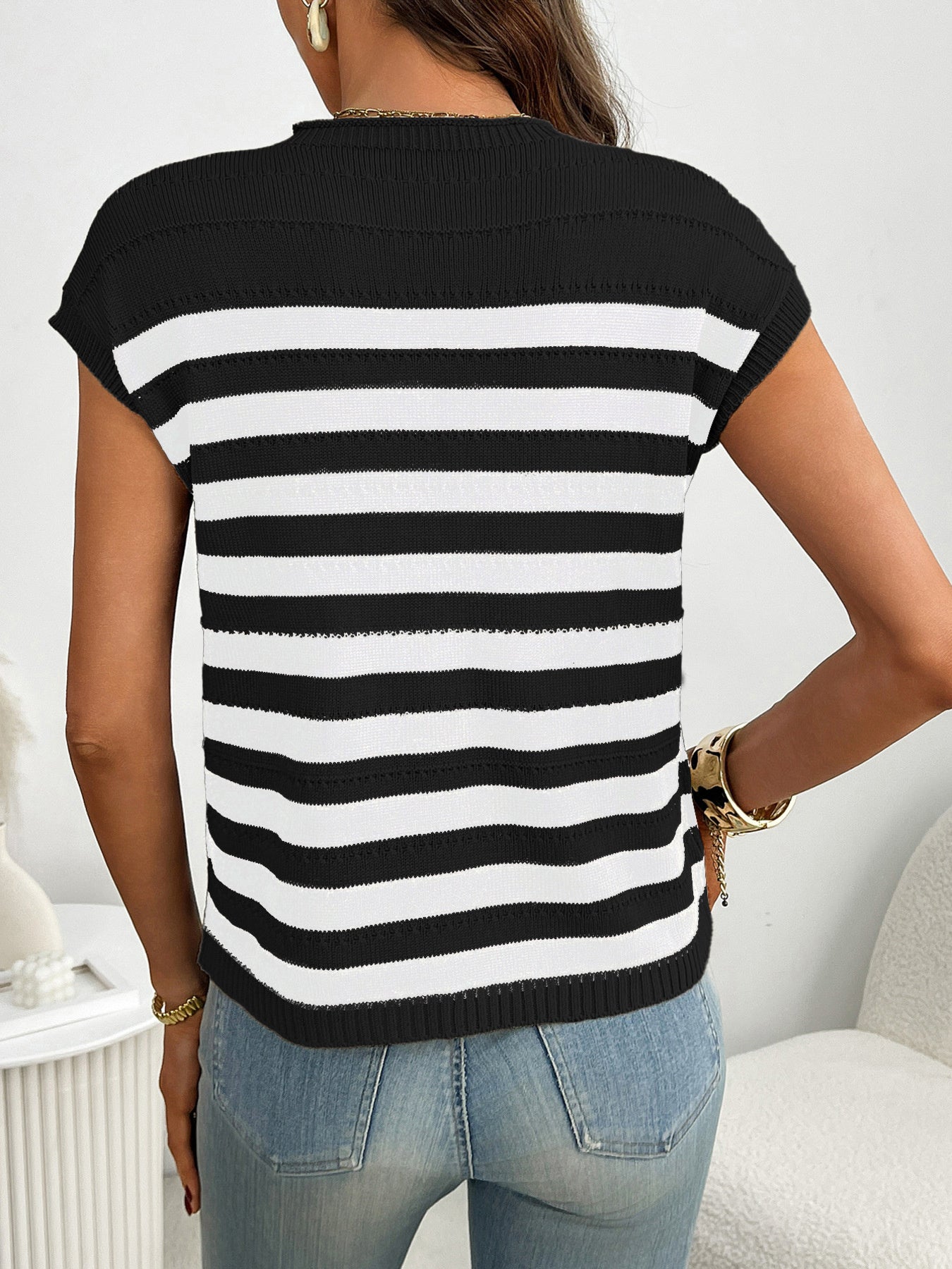 Striped Knit Pocket Detail Cap Sleeve Sweater
