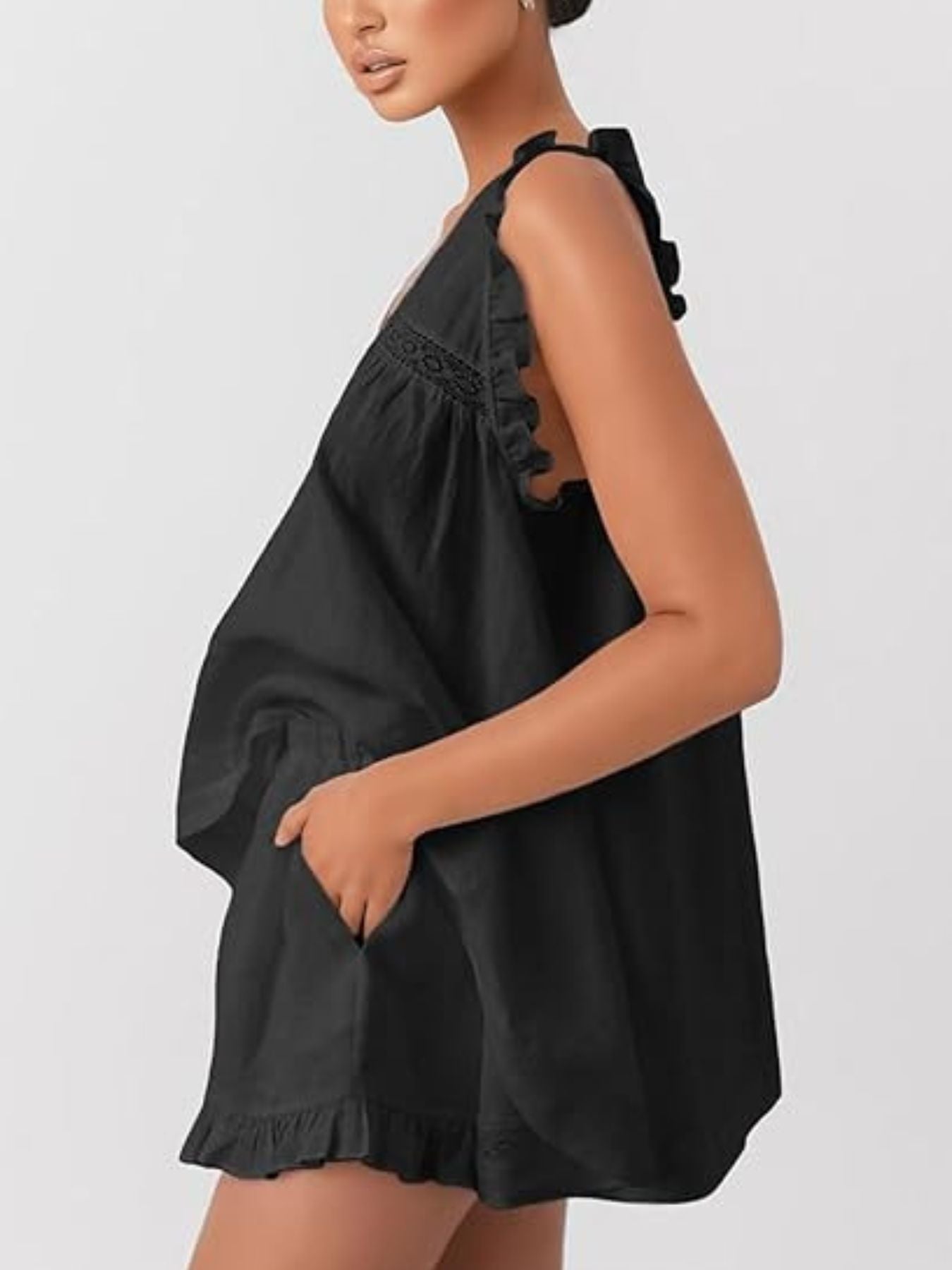 Ruffle Trim V-Neck Top and Shorts Set