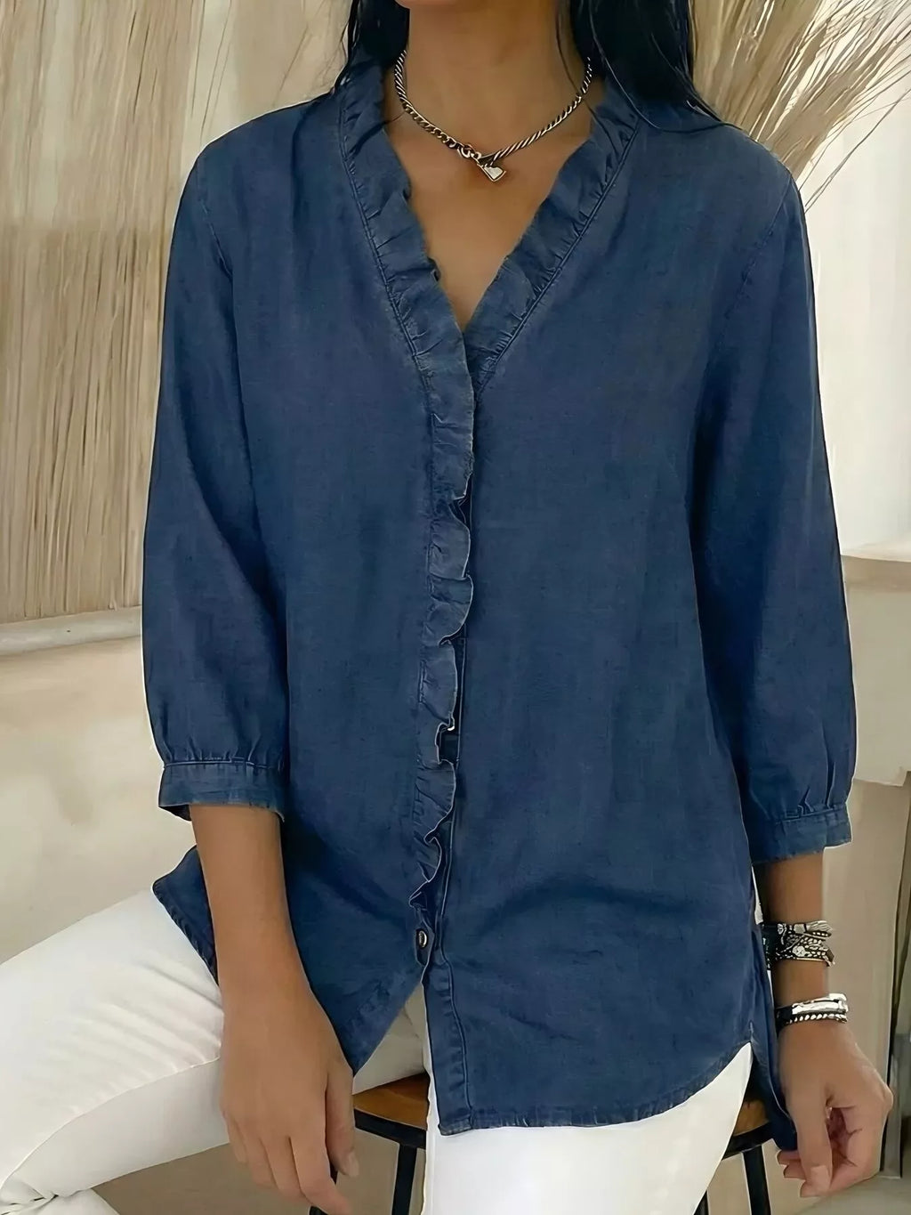 Full Size V-Neck Ruffled Button Down Shirt Plus Size