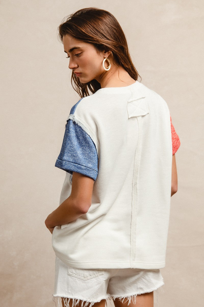 BiBi Contrast French Terry Cut Edge Detail Fourth Of July Theme T-Shirt