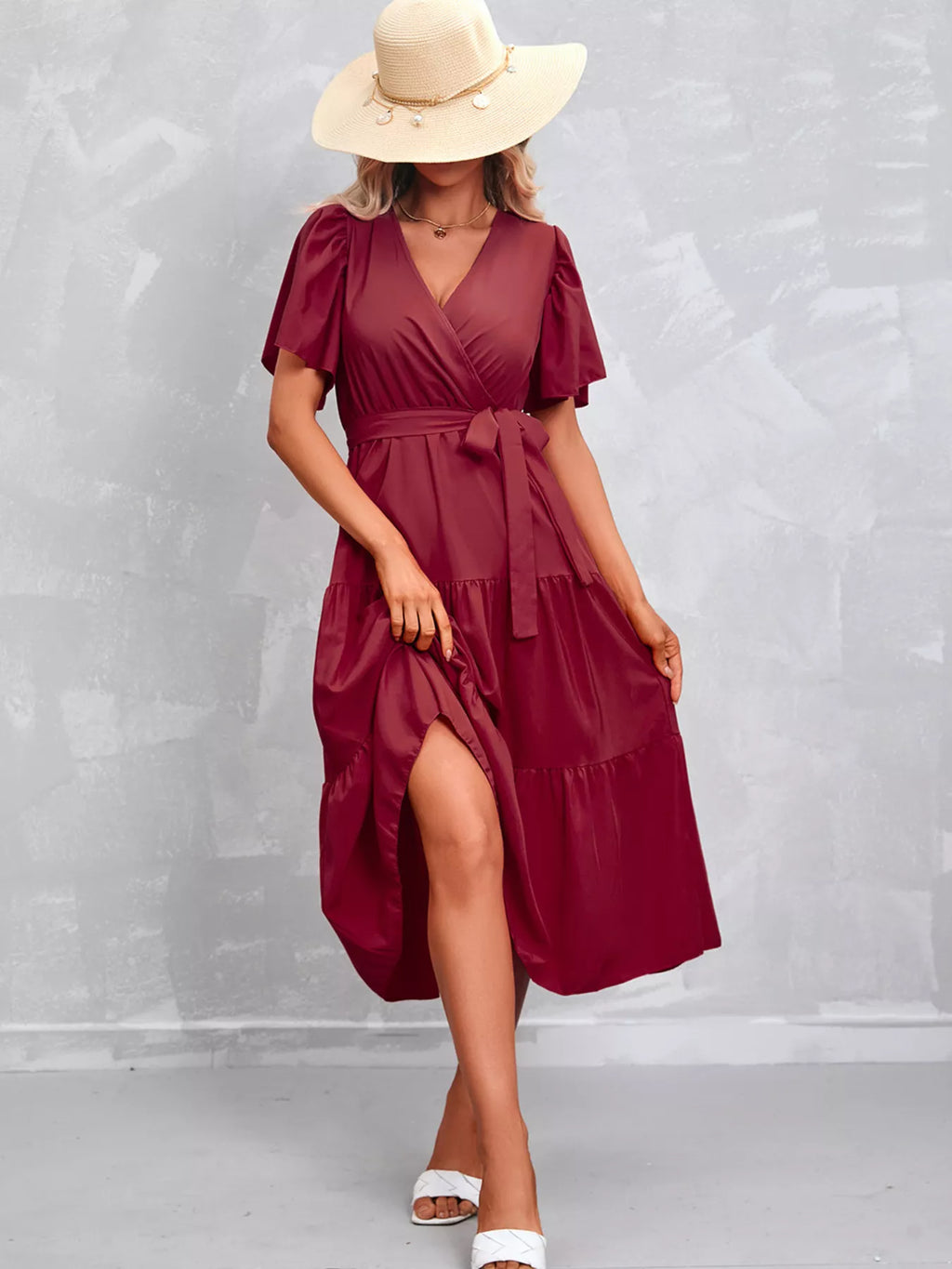 Flutter Sleeve Tiered Midi Dress