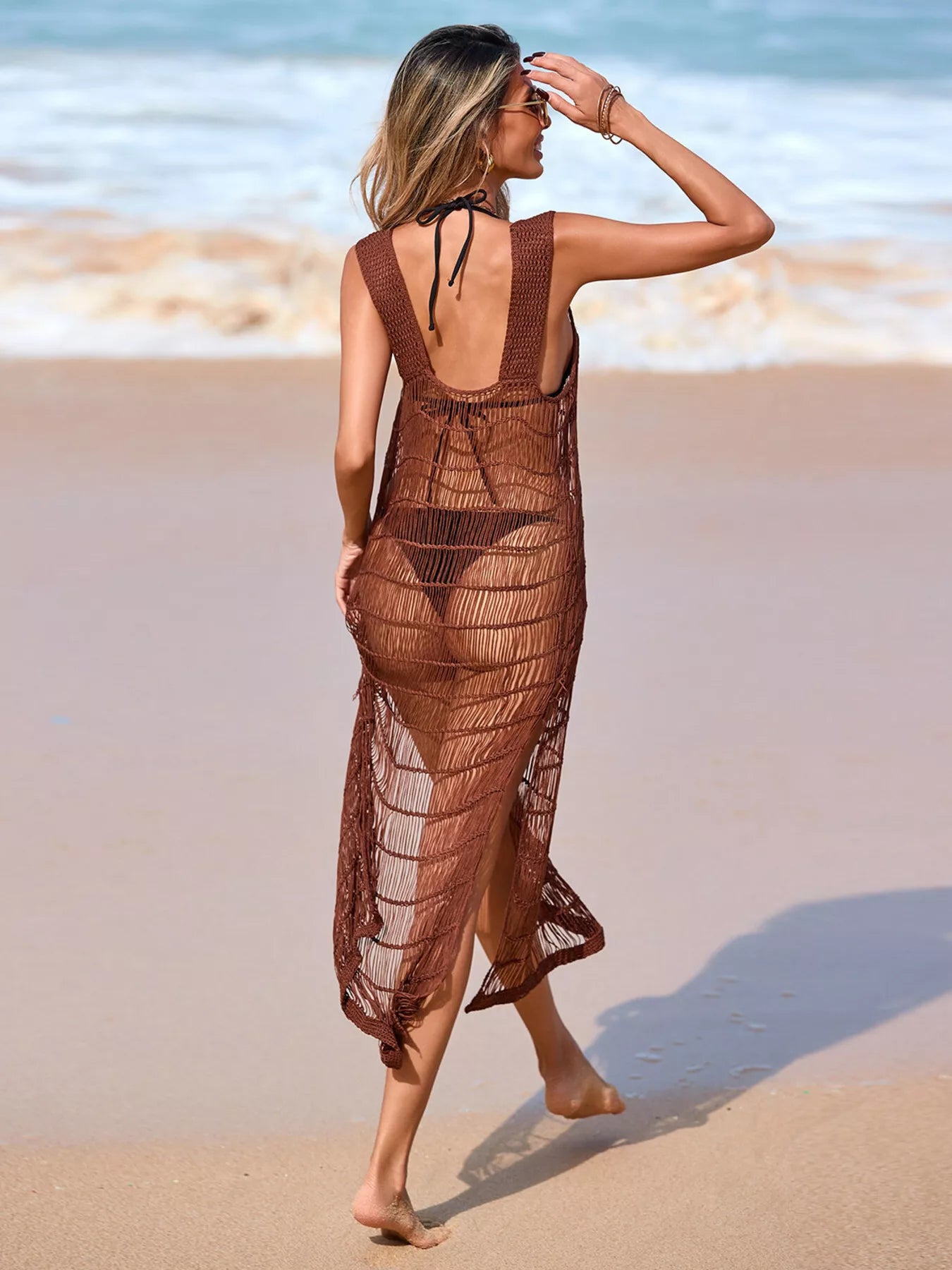 Sleeveless Crochet Knit Slit Cover-Up Dress