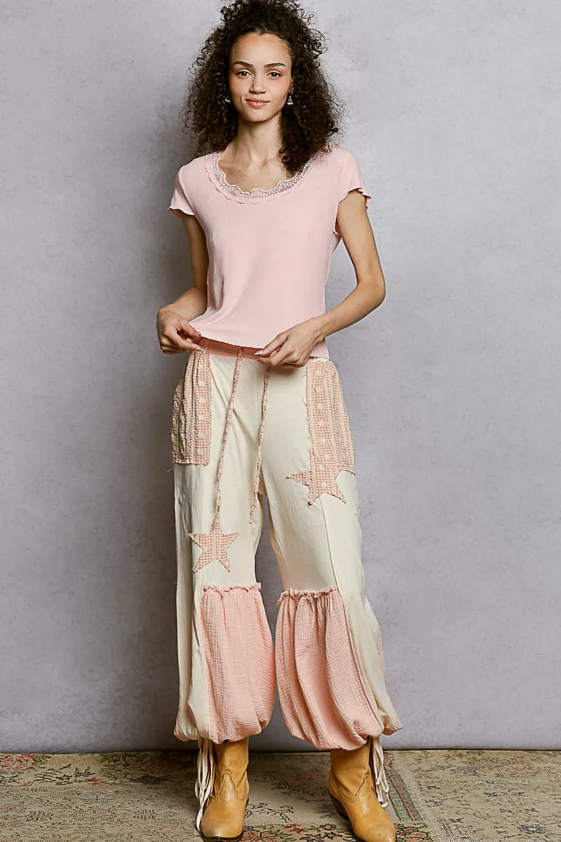 POL Round Neck Short Sleeve Crop T-Shirt with Lace Trim