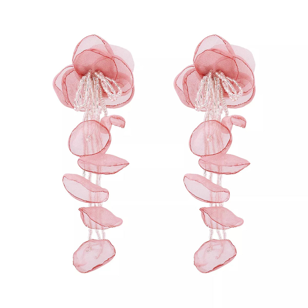 Floral Petal Beaded Tassel Drop Earrings
