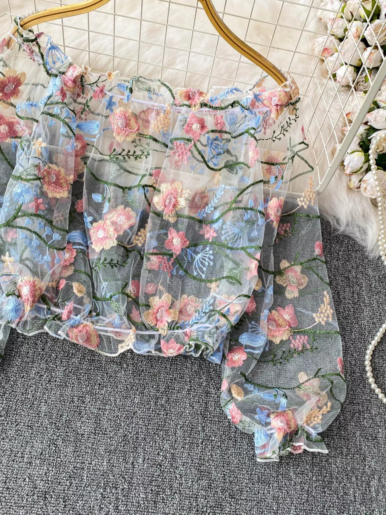 Floral Embroidered Mesh Off-Shoulder Top