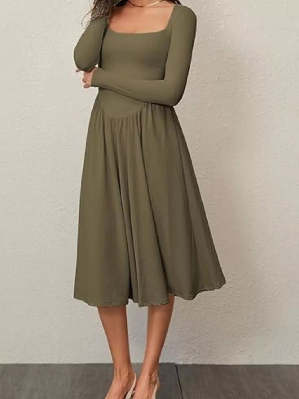 Square Neck Long Sleeve Midi Dress