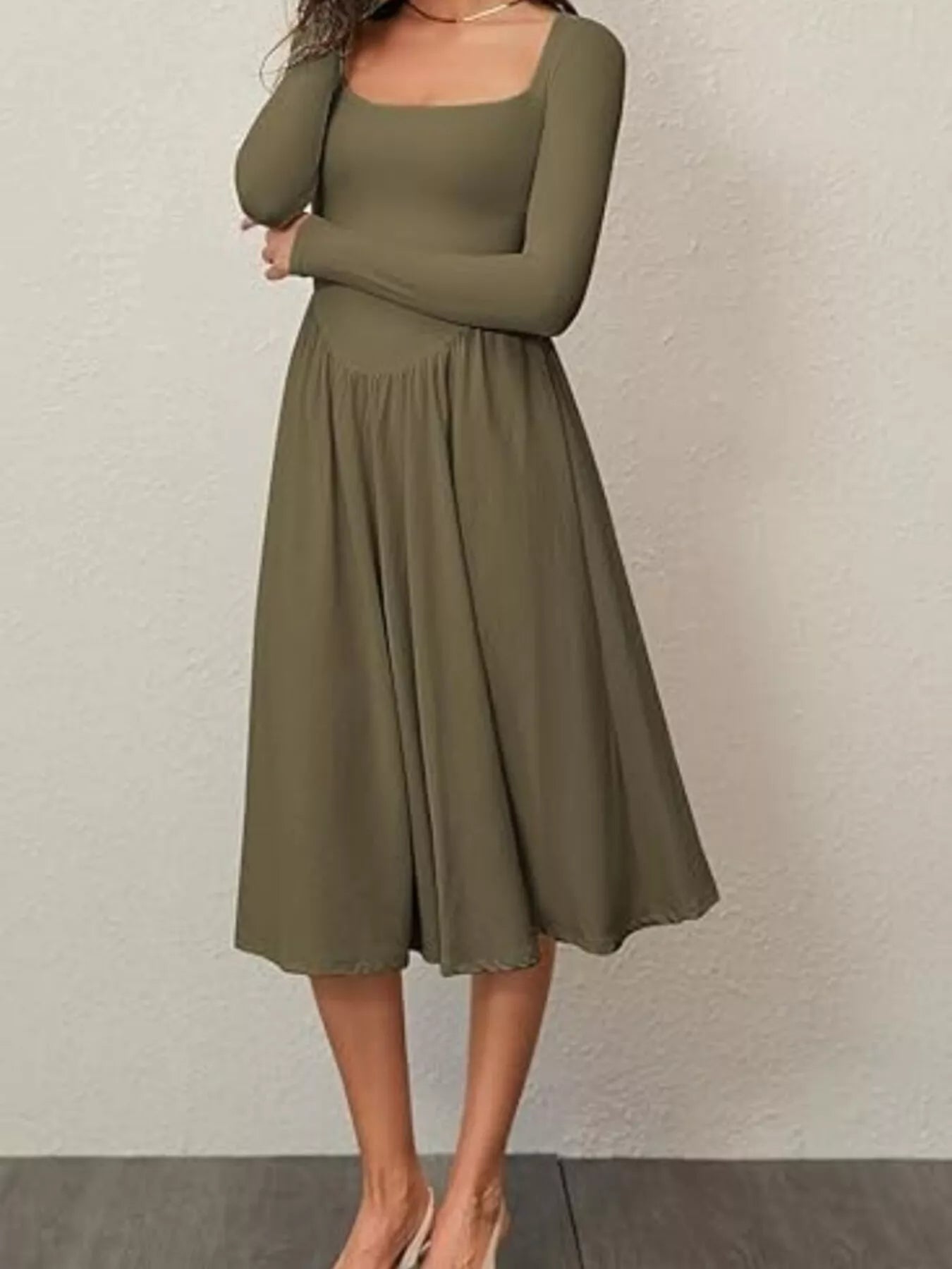 Square Neck Long Sleeve Midi Dress