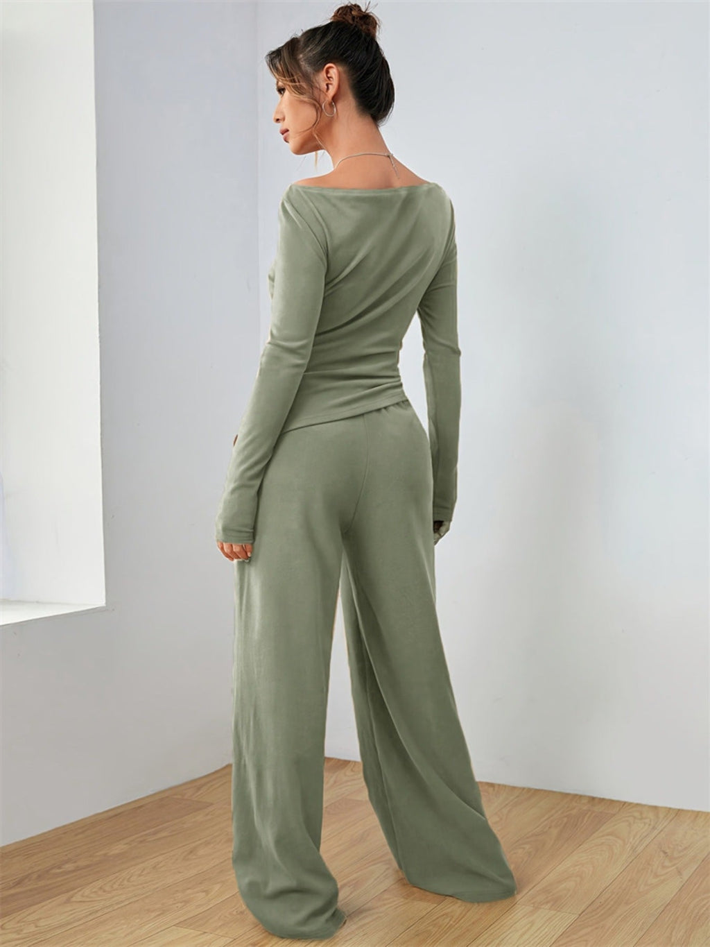 Casual Long Sleeve Top & Wide Leg Pants Set