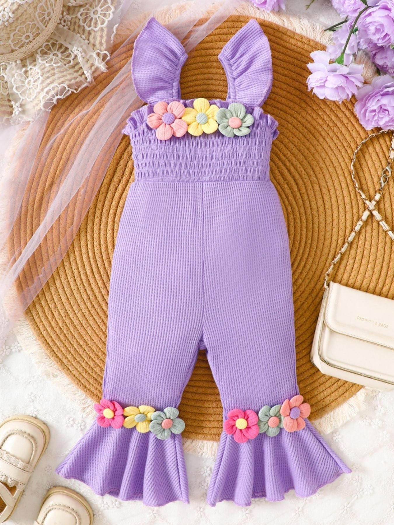 Children's Floral Decor Smocked Ruffle Hem Jumpsuit