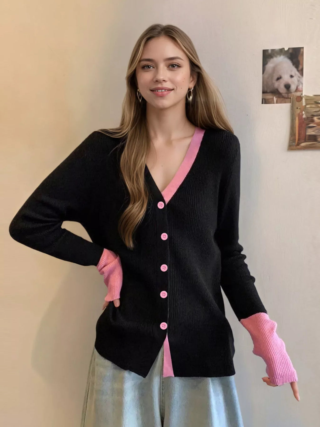 Contrast Trim Ribbed Knit Cardigan