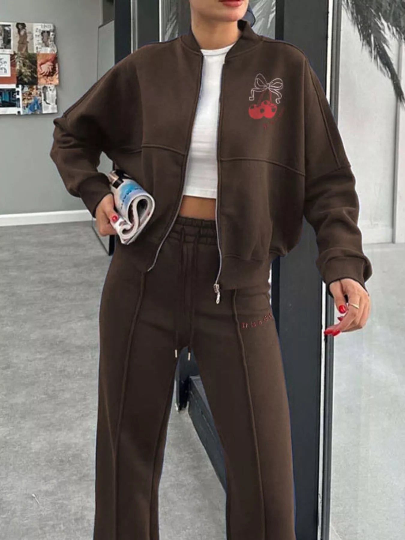 Zip Up Dropped Shoulder Outerwear and Pants Set