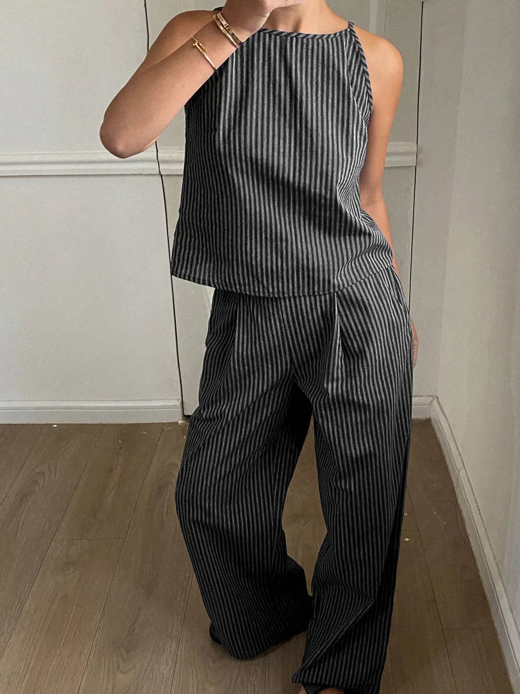 Striped Sleeveless Top and Wide-Leg Pants Set