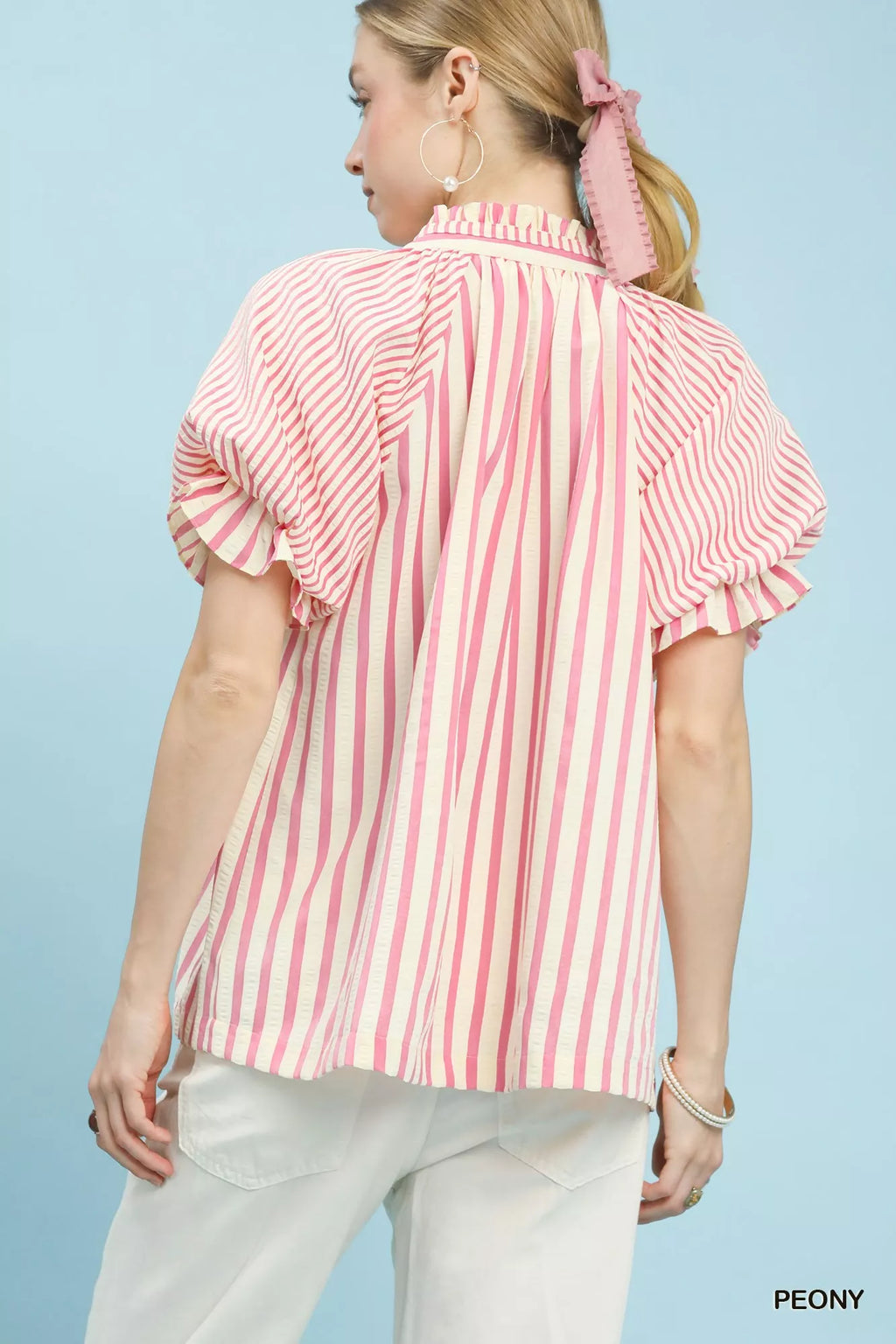 Umgee Striped Notched Top with Short Flutter Sleeves