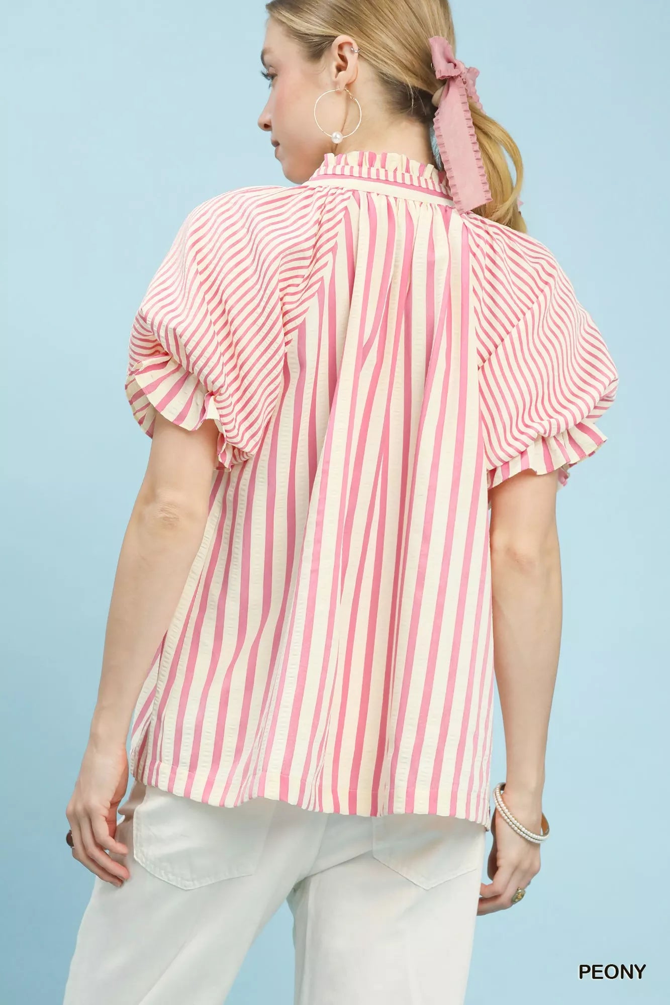 Umgee Striped Notched Top with Short Flutter Sleeves